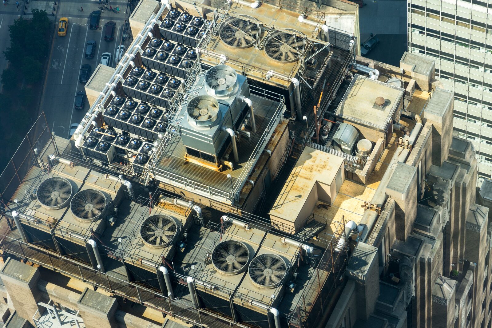 Aerial view of rooftop HVAC units installed by Four Winds Electric in New Jersey
